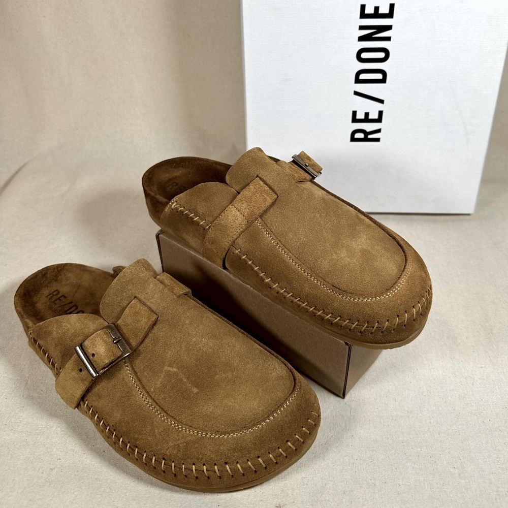 Re/done tan suede moccasin buckle slides 39
